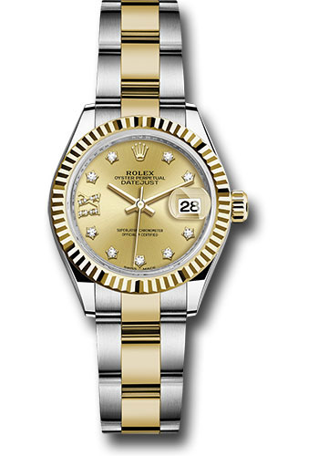 Rolex Steel and Yellow Gold Rolesor Lady-Datejust 28 Watch - Fluted Bezel - Champagne Diamond Star Dial - Oyster Bracelet