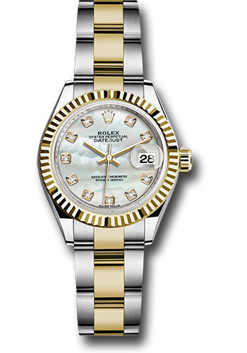 Rolex Steel and Yellow Gold Rolesor Lady-Datejust 28 Watch - Fluted Bezel - White Mother-Of-Pearl Diamond Dial - Oyster Bracelet
