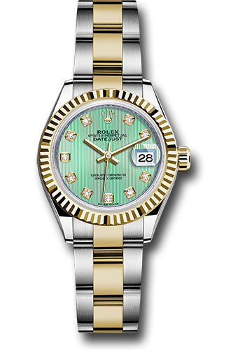 Rolex Steel and Yellow Gold Rolesor Lady-Datejust 28 Watch - Fluted Bezel - Mint Green Diamond Dial - Oyster Bracelet