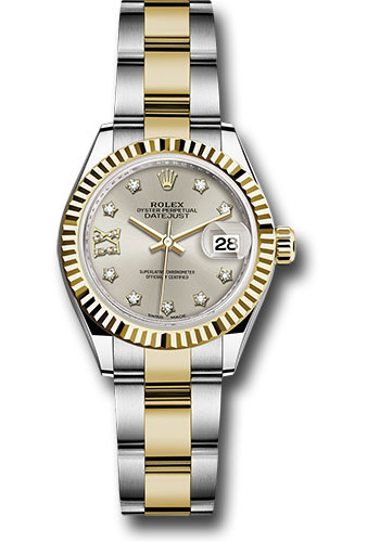 Rolex Steel and Yellow Gold Rolesor Lady-Datejust 28 Watch - Fluted Bezel - Silver Diamond Star Dial - Oyster Bracelet