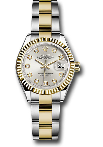 Rolex Steel and Yellow Gold Rolesor Lady-Datejust 28 Watch - Fluted Bezel - Silver Diamond Dial - Oyster Bracelet
