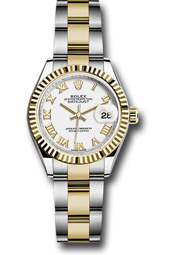 Rolex Steel and Yellow Gold Rolesor Lady-Datejust 28 Watch - Fluted Bezel - White Roman Dial - Oyster Bracelet