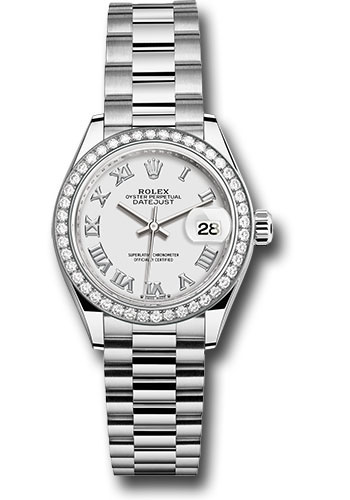 Rolex White Gold Lady-Datejust Watch - 44 Diamond Bezel - White Roman Dial - President Bracelet