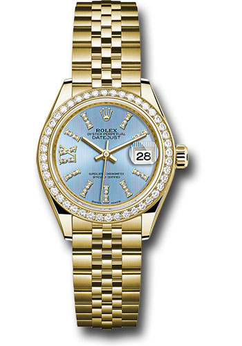 Rolex Yellow Gold Lady-Datejust 28 Watch - 44 Diamond Bezel - Cornflower Blue Stripe Diamond Index Dial - Jubilee Bracelet