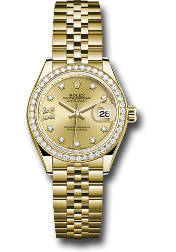 Rolex Yellow Gold Lady-Datejust 28 Watch - 44 Diamond Bezel - Champagne Diamond Star Dial - Jubilee Bracelet