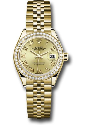 Rolex Yellow Gold Lady-Datejust 28 Watch - 44 Diamond Bezel - Champagne Roman Dial - Jubilee Bracelet