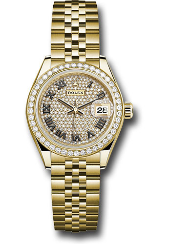 Rolex Yellow Gold Lady-Datejust 28 Watch - 44 Diamond Bezel - Diamond Paved Roman Dial - Jubilee Bracelet