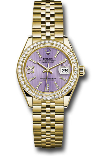 Rolex Yellow Gold Lady-Datejust 28 Watch - 44 Diamond Bezel - Lilac Stripe Diamond Index Dial - Jubilee Bracelet