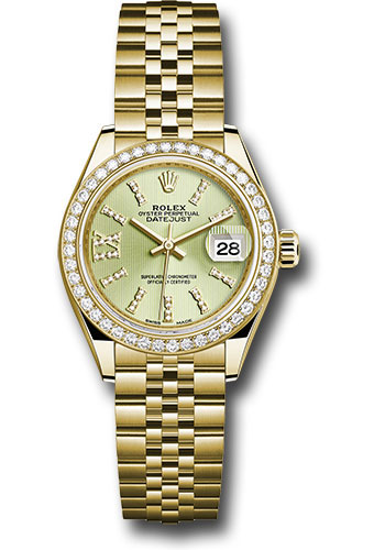 Rolex Yellow Gold Lady-Datejust 28 Watch - 44 Diamond Bezel - Linden Green Strip Diamond Index Dial - Jubilee Bracelet