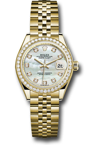 Rolex Yellow Gold Lady-Datejust 28 Watch - 44 Diamond Bezel - Mother-of-Pearl Diamond Dial - Jubilee Bracelet