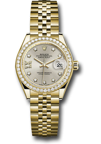 Rolex Yellow Gold Lady-Datejust 28 Watch - 44 Diamond Bezel - Silver Diamond Star Dial - Jubilee Bracelet
