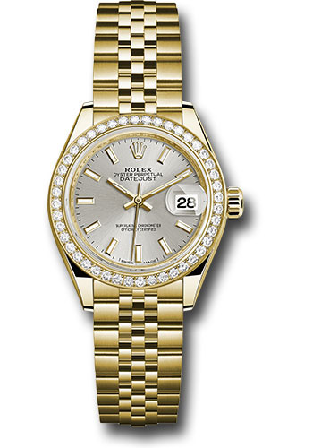 Rolex Yellow Gold Lady-Datejust 28 Watch - 44 Diamond Bezel - Silver Index Dial - Jubilee Bracelet