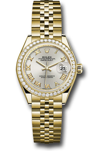 Rolex Yellow Gold Lady-Datejust 28 Watch - 44 Diamond Bezel - Silver Roman Dial - Jubilee Bracelet