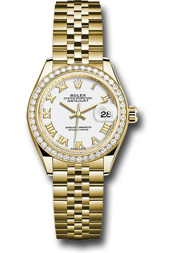 Rolex Yellow Gold Lady-Datejust 28 Watch - 44 Diamond Bezel - White Roman Dial - Jubilee Bracelet