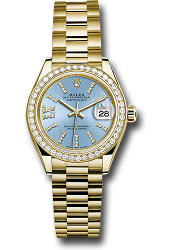 Rolex Yellow Gold Lady-Datejust 28 Watch - 44 Diamond Bezel - Cornflower Blue Stripe Diamond Index Dial - President Bracelet