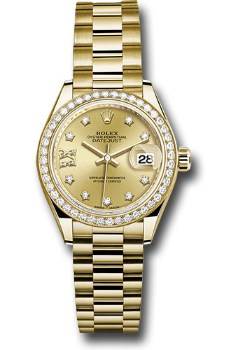 Rolex Yellow Gold Lady-Datejust 28 Watch - 44 Diamond Bezel - Champagne Diamond Star Dial - President Bracelet
