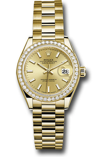 Rolex Yellow Gold Lady-Datejust 28 Watch - 44 Diamond Bezel - Champagne Index Dial - President Bracelet