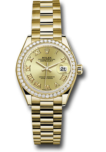 Rolex Yellow Gold Lady-Datejust 28 Watch - 44 Diamond Bezel - Champagne Roman Dial - President Bracelet