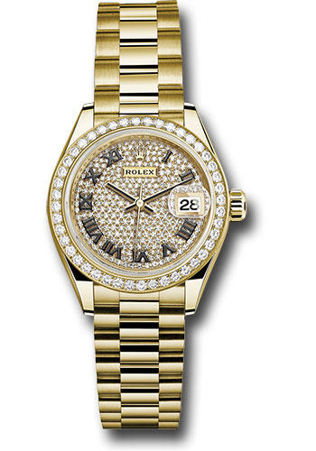 Rolex Yellow Gold Lady-Datejust 28 Watch - 44 Diamond Bezel - Diamond Paved Roman Dial - President Bracelet
