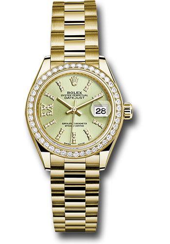 Rolex Yellow Gold Lady-Datejust 28 Watch - 44 Diamond Bezel - Linden Green Strip Diamond Index Dial - President Bracelet