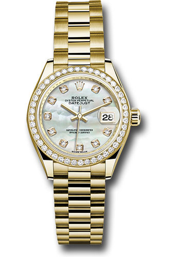 Rolex Yellow Gold Lady-Datejust 28 Watch - 44 Diamond Bezel - Mother-of-Pearl Diamond Dial - President Bracelet