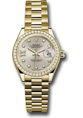 Rolex Yellow Gold Lady-Datejust 28 Watch - 44 Diamond Bezel - Silver Diamond Star Dial - President Bracelet