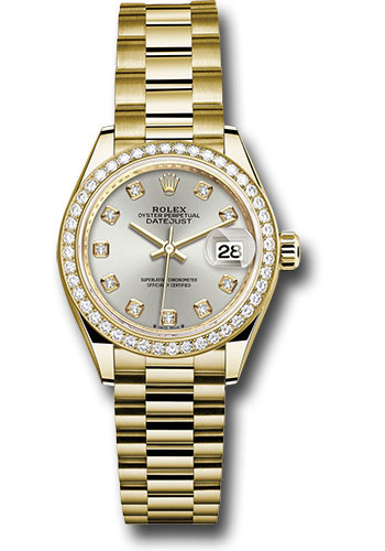 Rolex Yellow Gold Lady-Datejust Watch - 44 Diamond Bezel - Silver Diamond Dial - President Bracelet