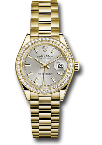 Rolex Yellow Gold Lady-Datejust 28 Watch - 44 Diamond Bezel - Silver Index Dial - President Bracelet