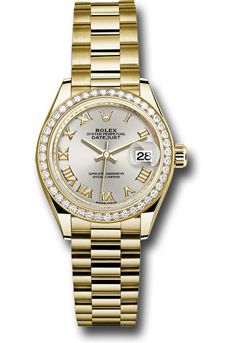Rolex Yellow Gold Lady-Datejust 28 Watch - 44 Diamond Bezel - Silver Roman Dial - President Bracelet