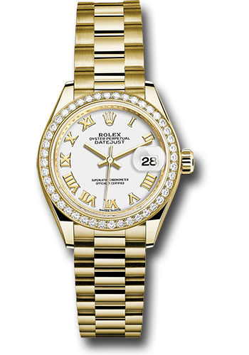 Rolex Yellow Gold Lady-Datejust 28 Watch - 44 Diamond Bezel - White Roman Dial - President Bracelet