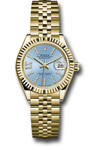 Rolex Yellow Gold Lady-Datejust 28 Watch - Fluted Bezel - Cornflower Blue Stripe Diamond Index Dial - Jubilee Bracelet