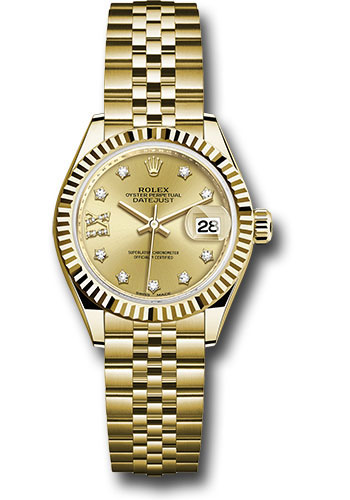 Rolex Yellow Gold Lady-Datejust 28 Watch - Fluted Bezel - Champagne Diamond Star Dial - Jubilee Bracelet