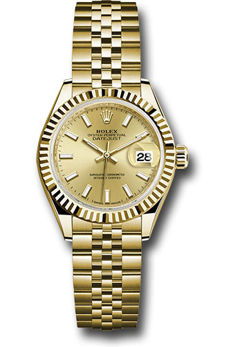 Rolex Yellow Gold Lady-Datejust 28 Watch - Fluted Bezel - Champagne Index Dial - Jubilee Bracelet