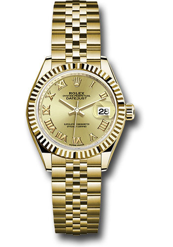 Rolex Yellow Gold Lady-Datejust 28 Watch - Fluted Bezel - Champagne Roman Dial - Jubilee Bracelet