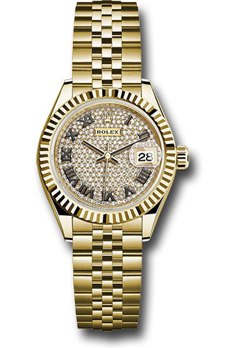 Rolex Yellow Gold Lady-Datejust 28 Watch - Fluted Bezel - Diamond Paved Roman Dial - Jubilee Bracelet