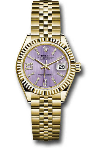 Rolex Yellow Gold Lady-Datejust 28 Watch - Fluted Bezel - Lilac Stripe Diamond Index Dial - Jubilee Bracelet