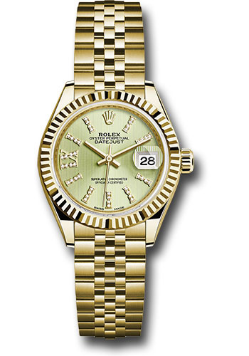 Rolex Yellow Gold Lady-Datejust 28 Watch - Fluted Bezel - Linden Green Strip Diamond Index Dial - Jubilee Bracelet