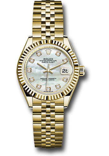 Rolex Yellow Gold Lady-Datejust 28 Watch - Fluted Bezel - Mother-of-Pearl Diamond Dial - Jubilee Bracelet