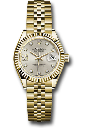 Rolex Yellow Gold Lady-Datejust 28 Watch - Fluted Bezel - Silver Diamond Star Dial - Jubilee Bracelet