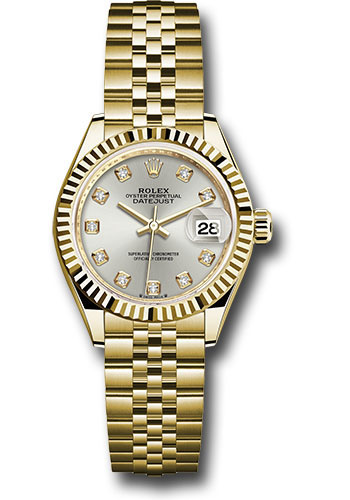 Rolex Yellow Gold Lady-Datejust Watch - Fluted Bezel - Silver Diamond Dial - Jubilee Bracelet