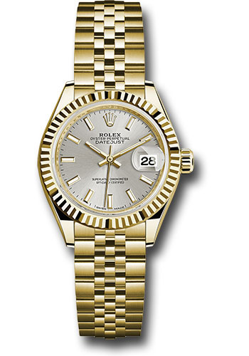 Rolex Yellow Gold Lady-Datejust 28 Watch - Fluted Bezel - Silver Index Dial - Jubilee Bracelet
