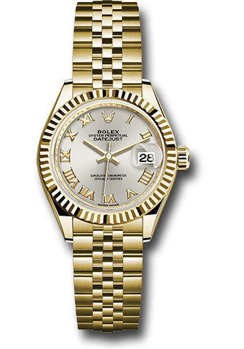 Rolex Yellow Gold Lady-Datejust 28 Watch - Fluted Bezel - Silver Roman Dial - Jubilee Bracelet