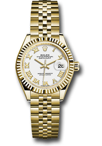 Rolex Yellow Gold Lady-Datejust 28 Watch - Fluted Bezel - White Roman Dial - Jubilee Bracelet