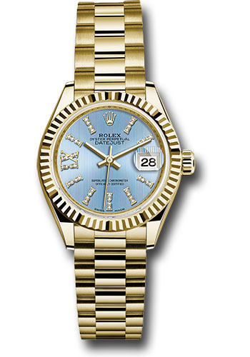 Rolex Yellow Gold Lady-Datejust 28 Watch - Fluted Bezel - Cornflower Blue Stripe Diamond Index Dial - President Bracelet