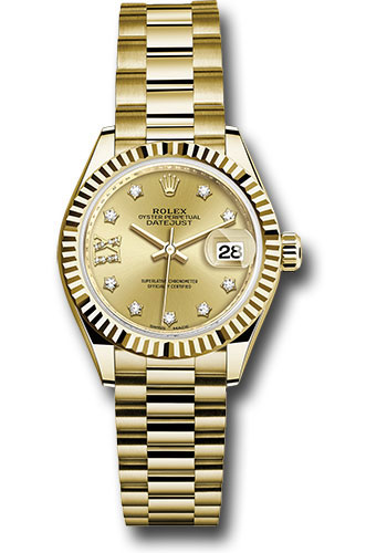 Rolex Yellow Gold Lady-Datejust 28 Watch - Fluted Bezel - Champagne Diamond Star Dial - President Bracelet
