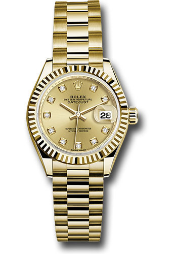 Rolex Yellow Gold Lady-Datejust 28 Watch - Fluted Bezel - Champagne Diamond Dial - President Bracelet