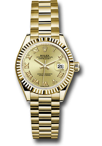 Rolex Yellow Gold Lady-Datejust 28 Watch - Fluted Bezel - Champagne Roman Dial - President Bracelet