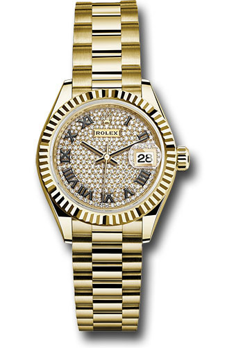 Rolex Yellow Gold Lady-Datejust 28 Watch - Fluted Bezel - Diamond Paved Roman Dial - President Bracelet