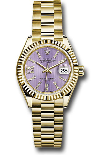 Rolex Yellow Gold Lady-Datejust 28 Watch - Fluted Bezel - Lilac Stripe Diamond Index Dial - President Bracelet
