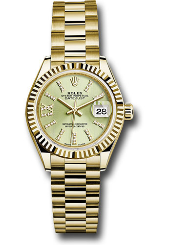 Rolex Yellow Gold Lady-Datejust 28 Watch - Fluted Bezel - Linden Green Strip Diamond Index Dial - President Bracelet